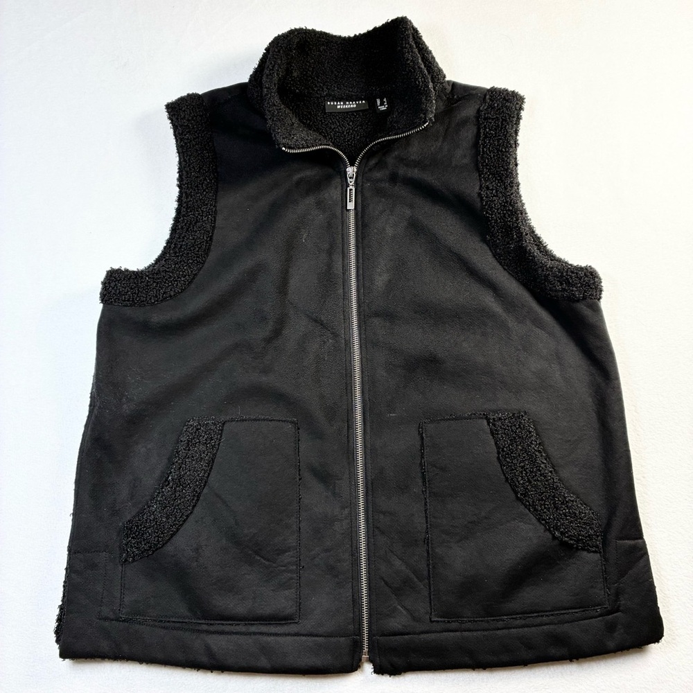 Susan Graver Weekend Faux Suede Chenille Trim Lining Zip Front Vest Black Large